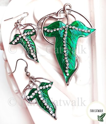 Elfenblattbrosche + Ohrringe SET Hobbit LOTR Herr der Ringe Umhang + Tasche DIAMANT