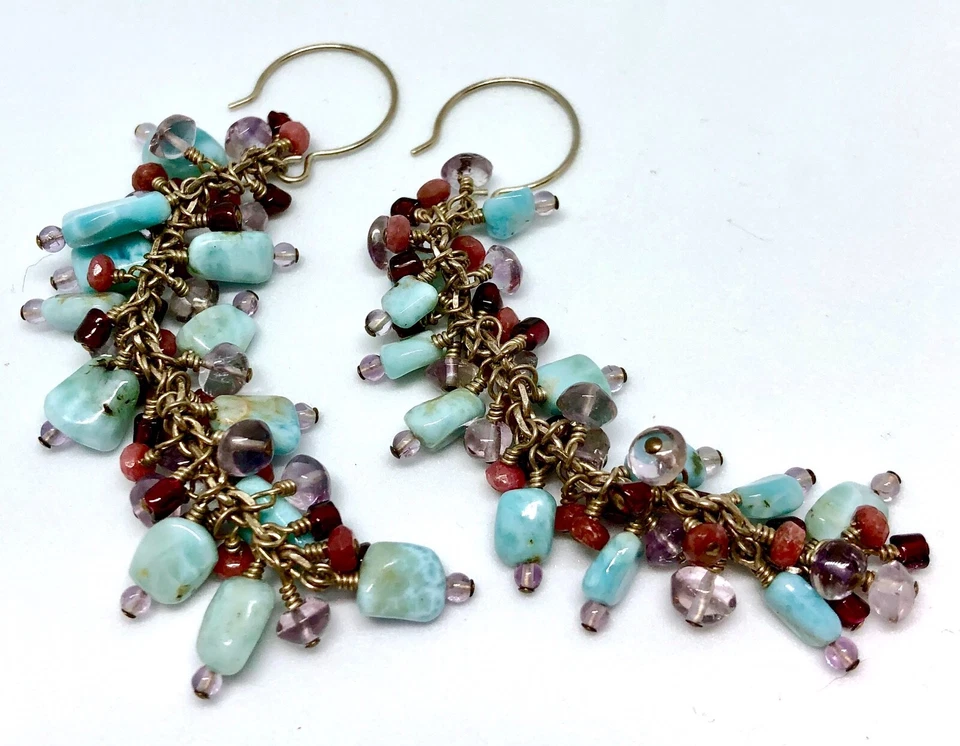 Larimar 紫水晶石榴石红宝石簇 0.925 纯银钩耳环 — 第 4/4 张图片