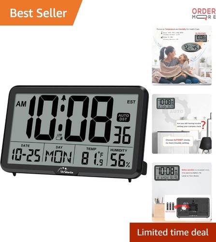Digital Wall Clock Battery Operated Large Display Temperature Humidity Calendar