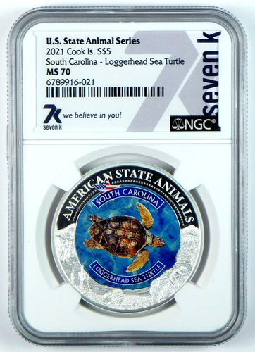 2021 $5 Cook Islands Loggerhead Sea Turtle - SC - NGC MS 70 - 7K Label