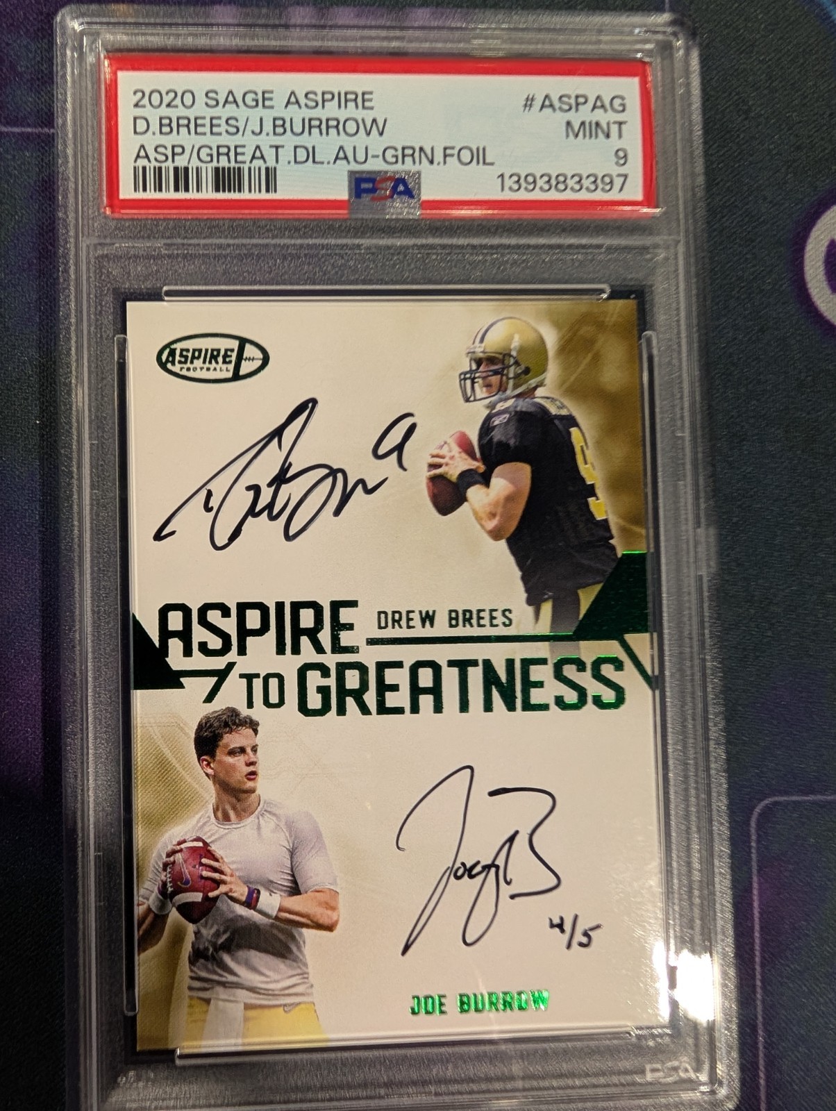 2020 Sage Aspire Joe Burrow Drew Brees Signed Auto /5 PSA 9 On Card Greatness