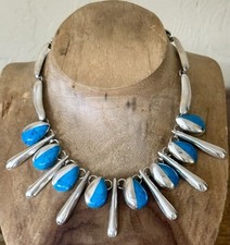 VTG Mexico Sterling & Turquoise Modernist Dangle Necklace 120 Grams TAXCO 1970s