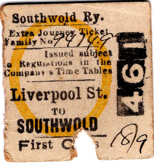 Railway half ticket: Southwold: Liverpool Street to Southwold 1901