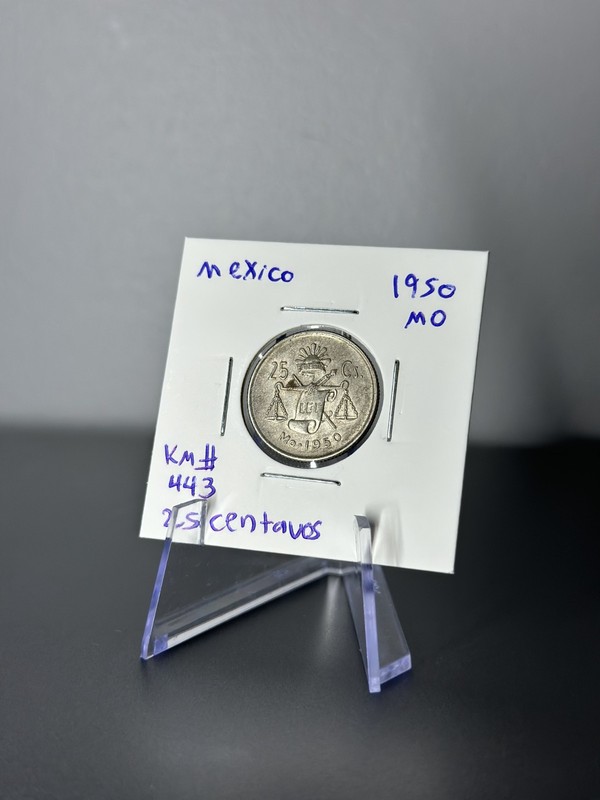 1950 Mo Mexico 25 Centavos – Silver .300 – KM#443 – Liberty Cap & Scales