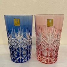 Kagami Kristall Edo Kiriko Paar Glas Set blau & rot geschliffen Kristall unbe...