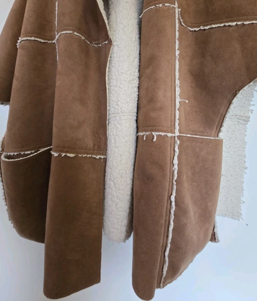 CHICOS Sweater Womens 0/1 Poncho Wrap Shawl Cape Faux Suede Western Brown Sherpa - Image 3 of 4