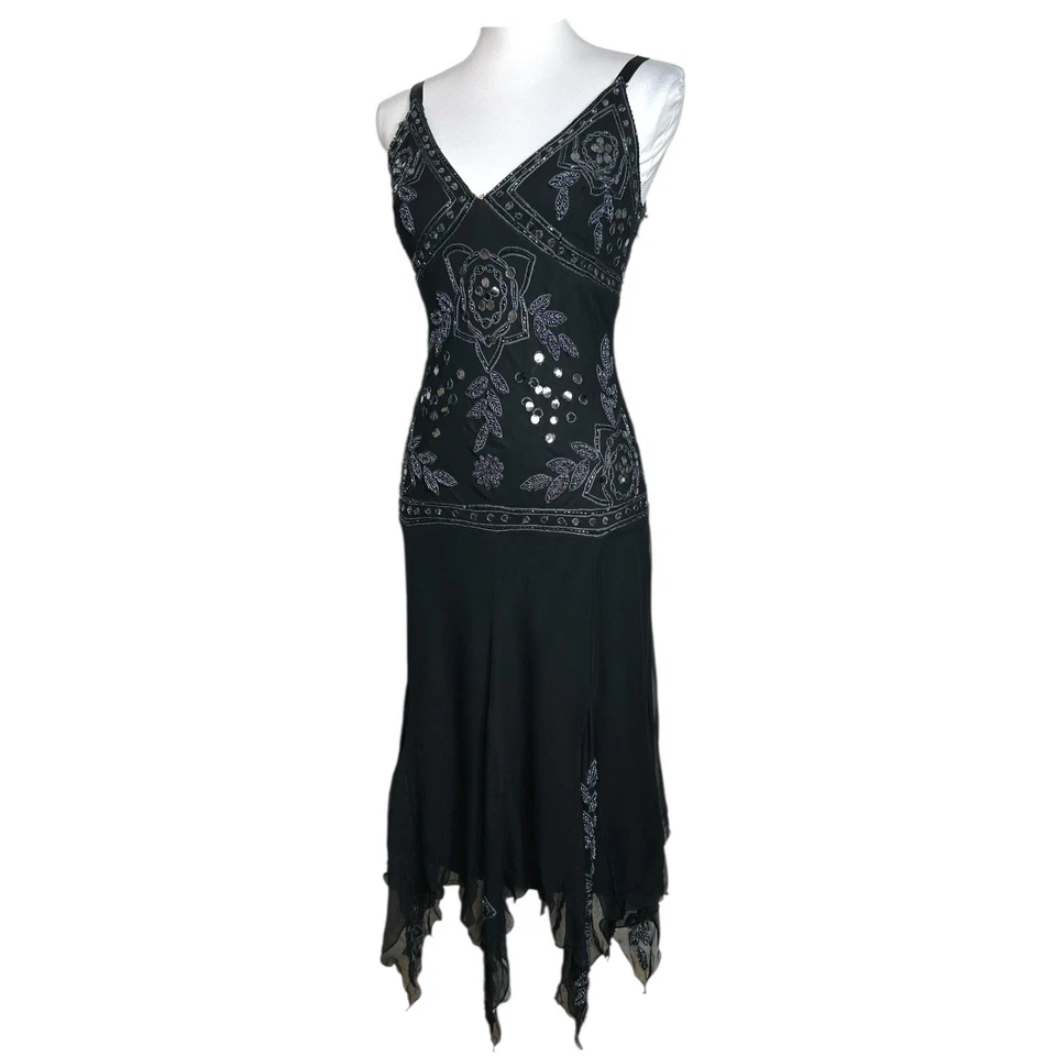 Vintage Stenay Silk Slip Dress Black Beaded Sequin Whimsigoth  Scarf Hem Midi - Image 4 of 4