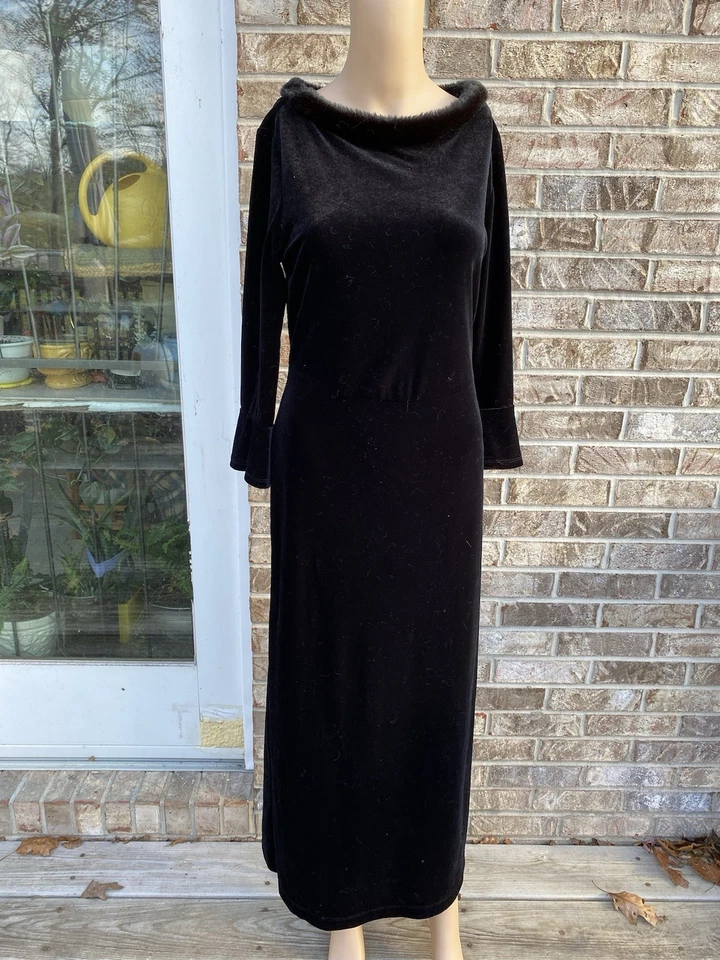 Vestido de terciopelo negro vintage años 80 cuello de piel sintética mangas campana talla S Kathie Lee Foto 4 de 4