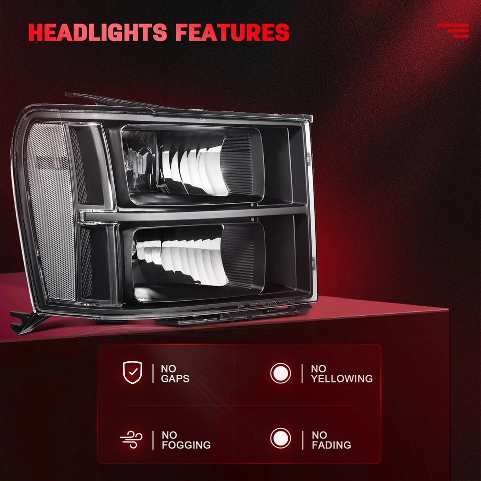 Headlights Assembly For 2007-2014 GMC Sierra Pair Black Housing Left+Right Sides - Изображение 2 из 4