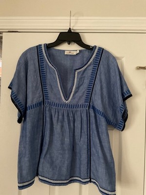 Vineyard Vines Embroidered Blue Boho Split Neck Top Linen Blend Large EUC