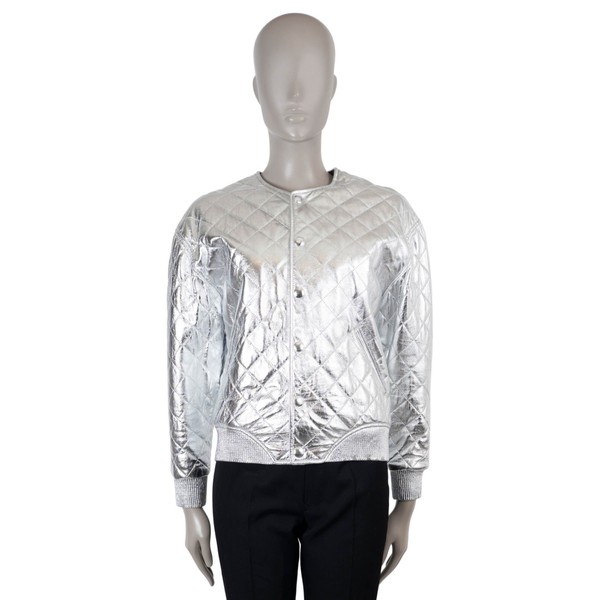 Metallic Silver Quilted Leather Bomber Jacket 2016 36 XS