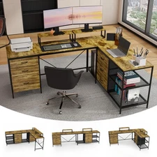 L-Shaped Desk with Power Outlet Features 6 Drawers 3 Open Shelves Movable Stand
