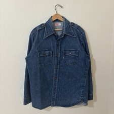 VTG 70 s Levi s Big E Denim Dark Wash Shirt Made In USA Size L Long Sleeve