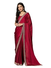 Pappylon Women's Maroon Satin Solid  Saree With Unstitched Blouse Piece