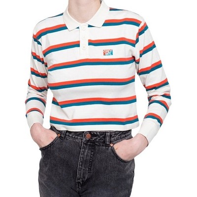 Obey Glenview Polo Crop Top Striped Logo Long Sleeve 100% Cotton Multicolor S