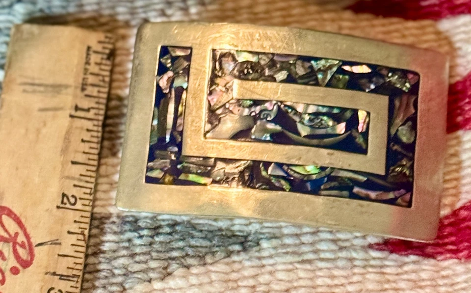 Hebilla de cinturón de abulón vintage de plata .500 de México, 2"x3", apertura 1,75" Foto 3 de 4