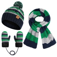 Toddler Boys Winter Pompom Beanie Hat Scarf and Gloves One Size, Navy Blue