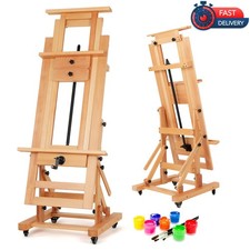 Large Wood Easel Stand, Rolling Display Rack Adjustable Height, 3 Canvas Holder
