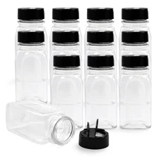 RoyalHouse 6 Pack 9.5 Oz Plastic Spice Jars with Black Cap, Clear and Safe Pl...
