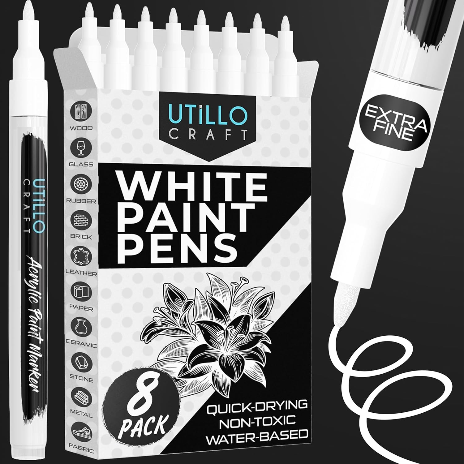 White Paint Pen (8-Pack) for Rock Painting, Wood, Glass, Tire, Canvas, Metal, Fa