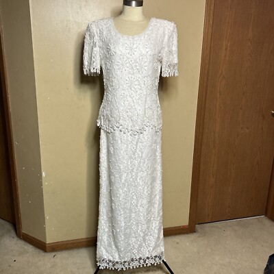 long white beaded maxi dress Miss Circle Women Lainey White Satin Sequin Pearls Beaded Maxi Dress