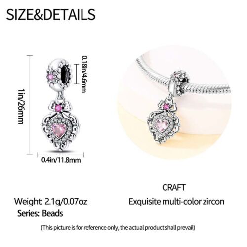 KUNSIR 925 Sterling Silver Full Pave Heart Charm with Pink CZ Heart Dangle Charm - Picture 2 of 5