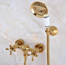 Wall Mount Bathroom Hand Held Shower Tap Spray Mixer Faucet Gold Color Brass