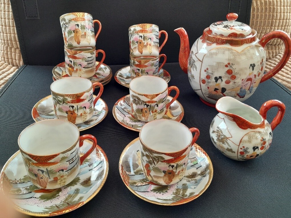 Antique Japanese Tea Set, 20 piece, Eggshell Kutani Geisha circa
