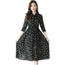 Women Floral Printing Chiffon Dress A-Line Korean Fashion Knee Length Slim Fit D