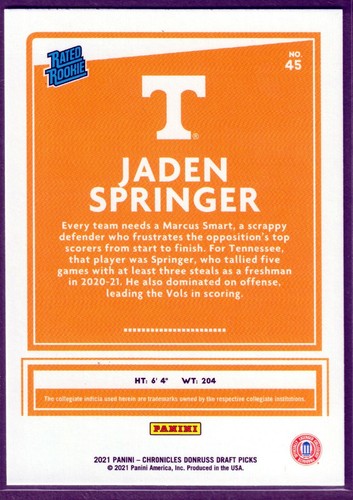 2021 Chronicles Draft Donruss Jaden Springer Rated Rookie Black RC - Picture 2 of 2