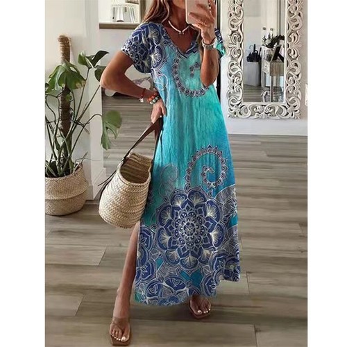 Summer Women Loose Casual Fashion Print Short Sleeve Long Split V-Neck Dress - Picture 4 of 12