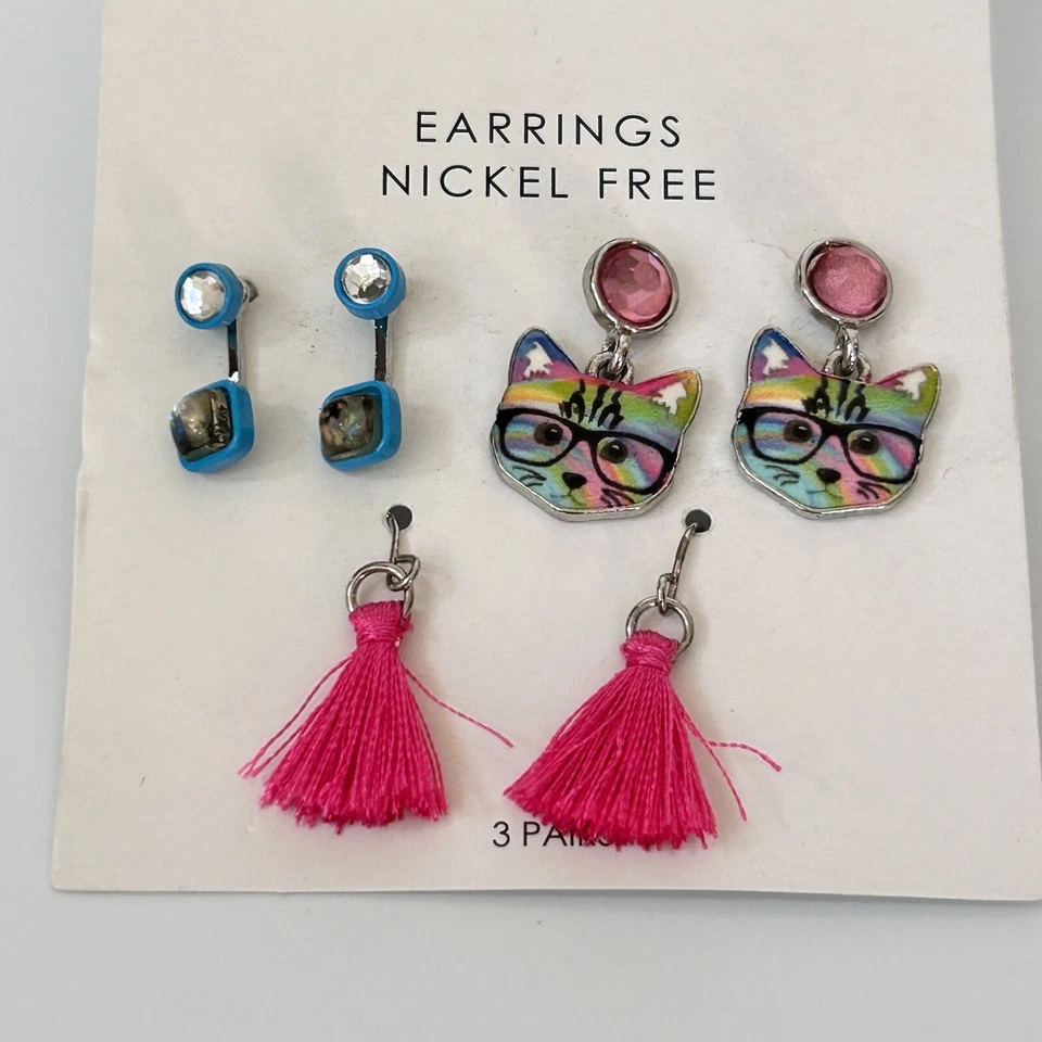 Pendientes de aro con dije para niñas gatos azul rosa níquel libre Aee 3+ 3 pares regalo Foto 4 de 4