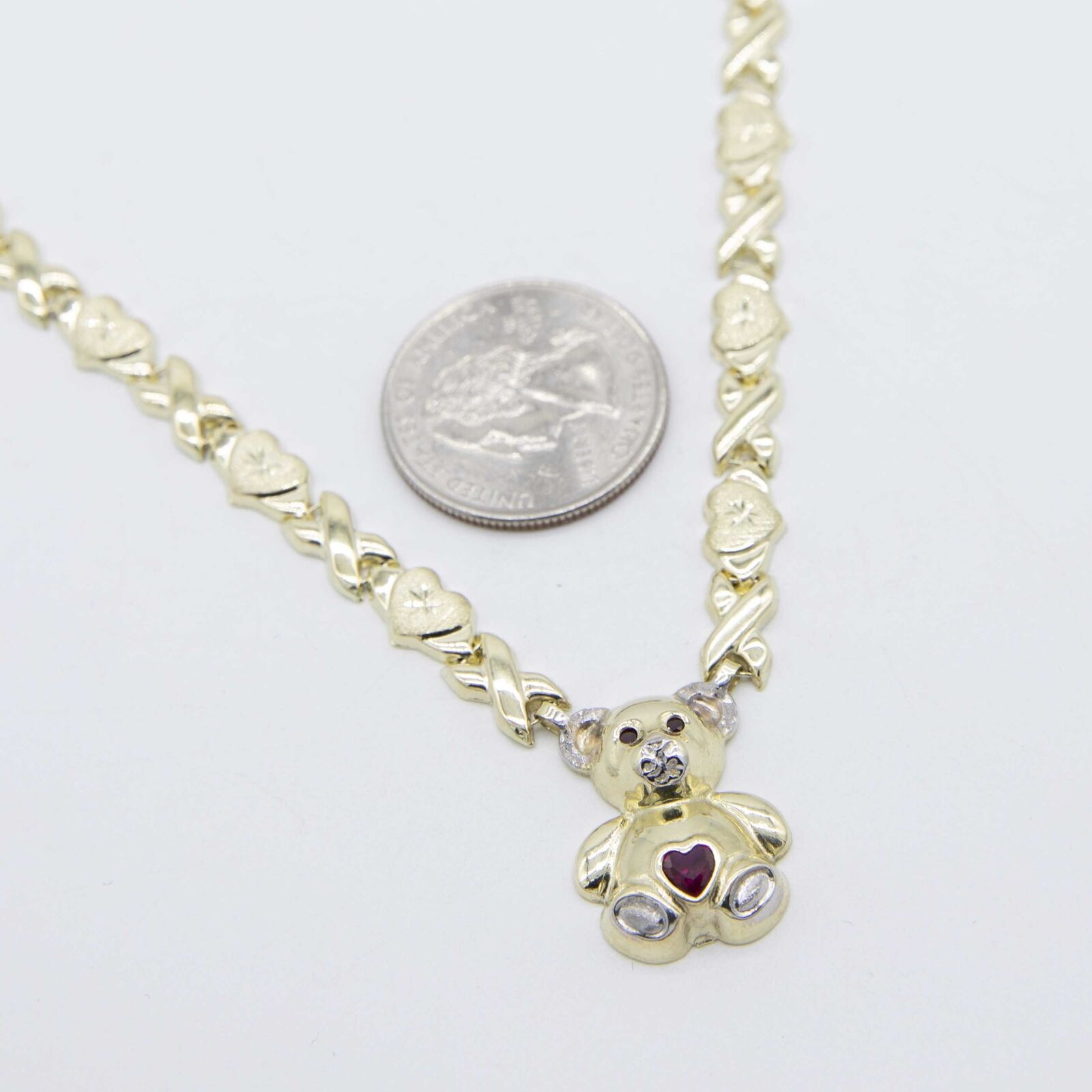 Diamond Cut Heart & Kisses Teddy Bear Necklace Real 10K