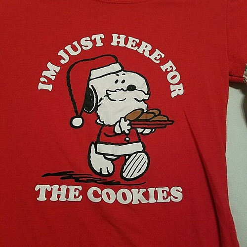 Peanuts Snoopy I'm Just Here For The Cookies Christmas Santa Shirt Girls M (7-9) - Picture 2 of 4