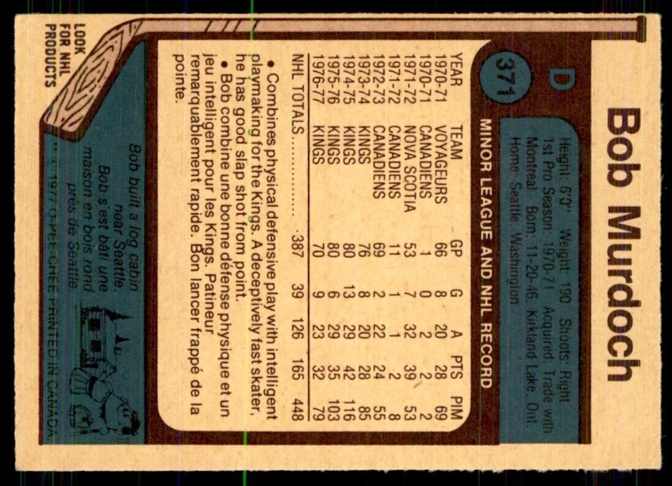 1977-78 O-Pee-Chee Bob Murdoch Los Angeles Kings #371 - Image 2 of 2