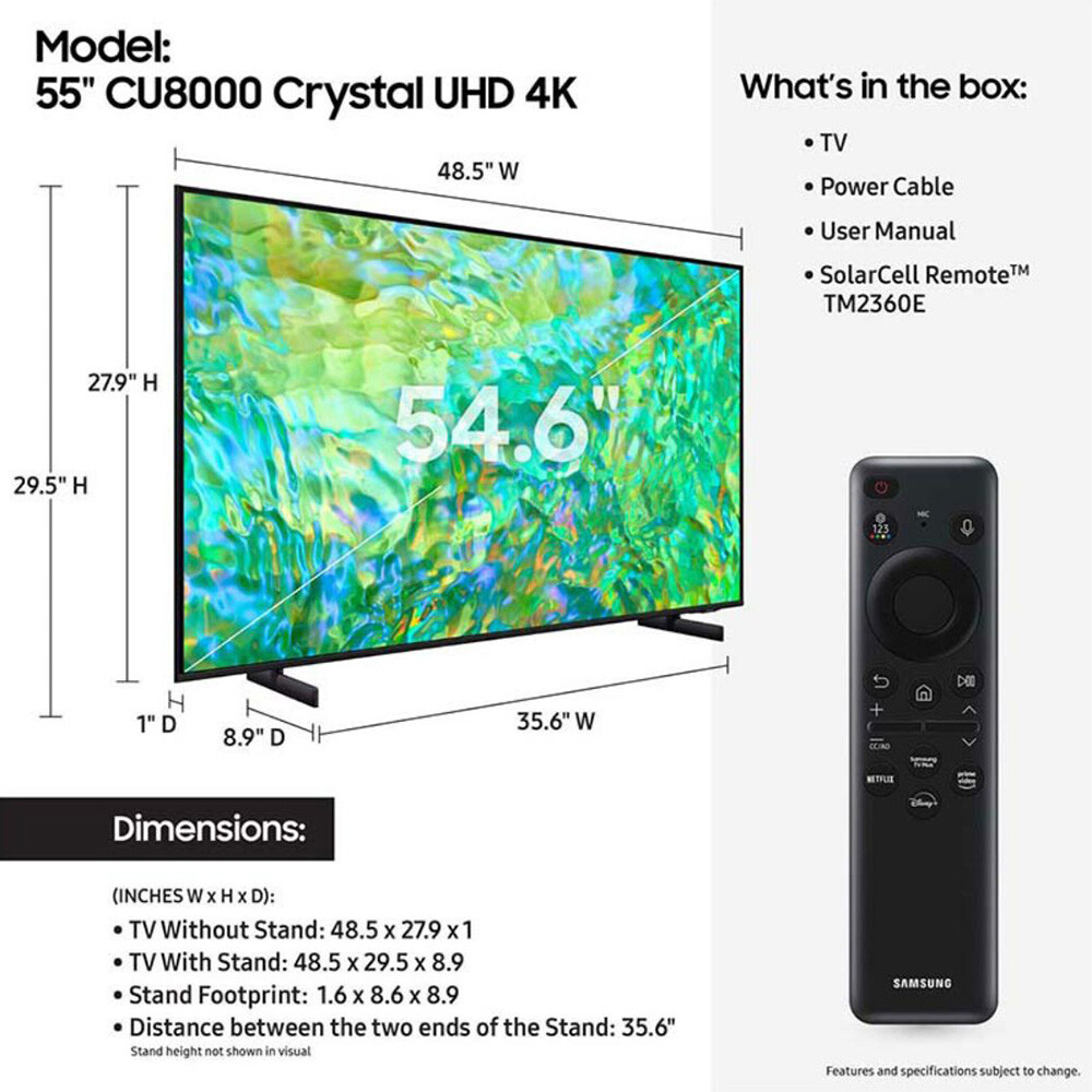 Samsung 55" Class CU8000 Crystal UHD 4K HDR Smart LED TV 2023 Model