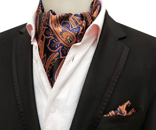 Classic Men's Ascot Cravat Tie Silk Paisley Blue Black Scarves Cravat Hanky Set - Picture 46 of 49