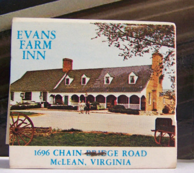 Rare Vintage Matchbook S3 McLean Virginia Evans Farm Inn Colonial Cooking 18th C