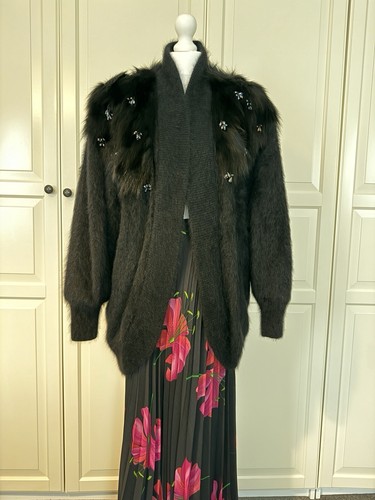 Stunning Vintage Black Angora Embellished Cardigan/Coat/Jumper, Size L (8-14) - Picture 2 of 14