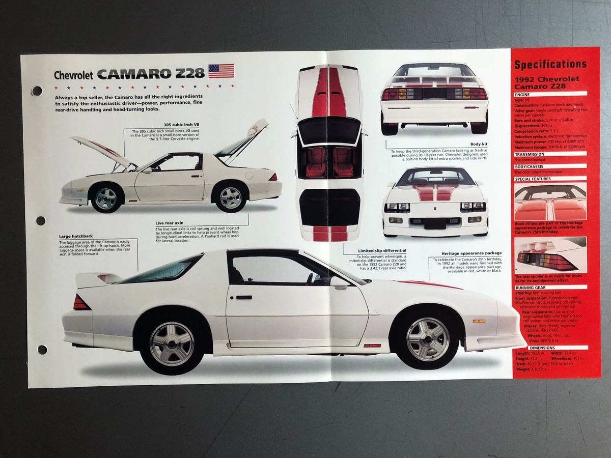 1982 - 1992 Chevrolet Camaro Z/28 IMP Hot Cars Spec Sheet Folder
