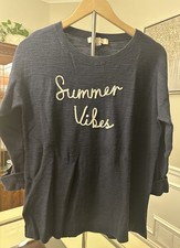 LOFT Med Navy Blue White  Summer Vibes  Embroidered Nautical 3/4 Sleeve Sweater
