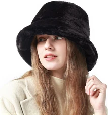 Fluffy Faux Fur Bucket Hat Winter Warm for Women Men One Size, A Black 
