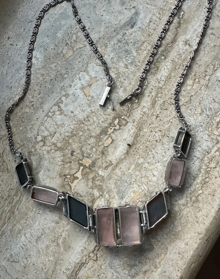 Collier vintage in argento maglia greca anni 40 modello deco’ quarzo rosa onice - Immagine 2 di 4