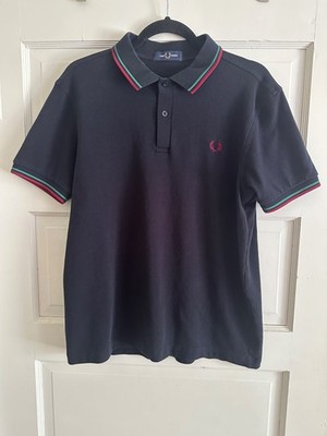 FRED PERRY Navy Blue Polo Shirt Twin Tipped Collar Red Green Size Large