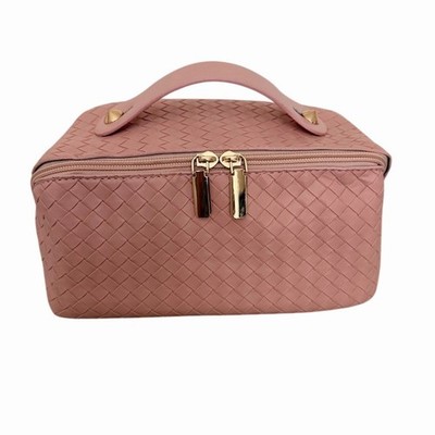 NEW Makeup Case Pink Woven Travel Cosmetic Bag Handle Dividers