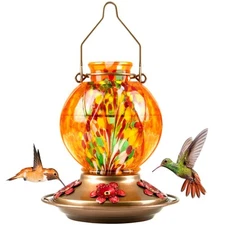 Hummingbird Feeder, Hummingbird feeders for Outdoors Hanging, Hand Blown Glas...