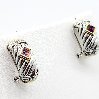 Two Toned Mixed Metal Amethyst Glass Earrings Silver & Gold Tone Well Made 3/4''