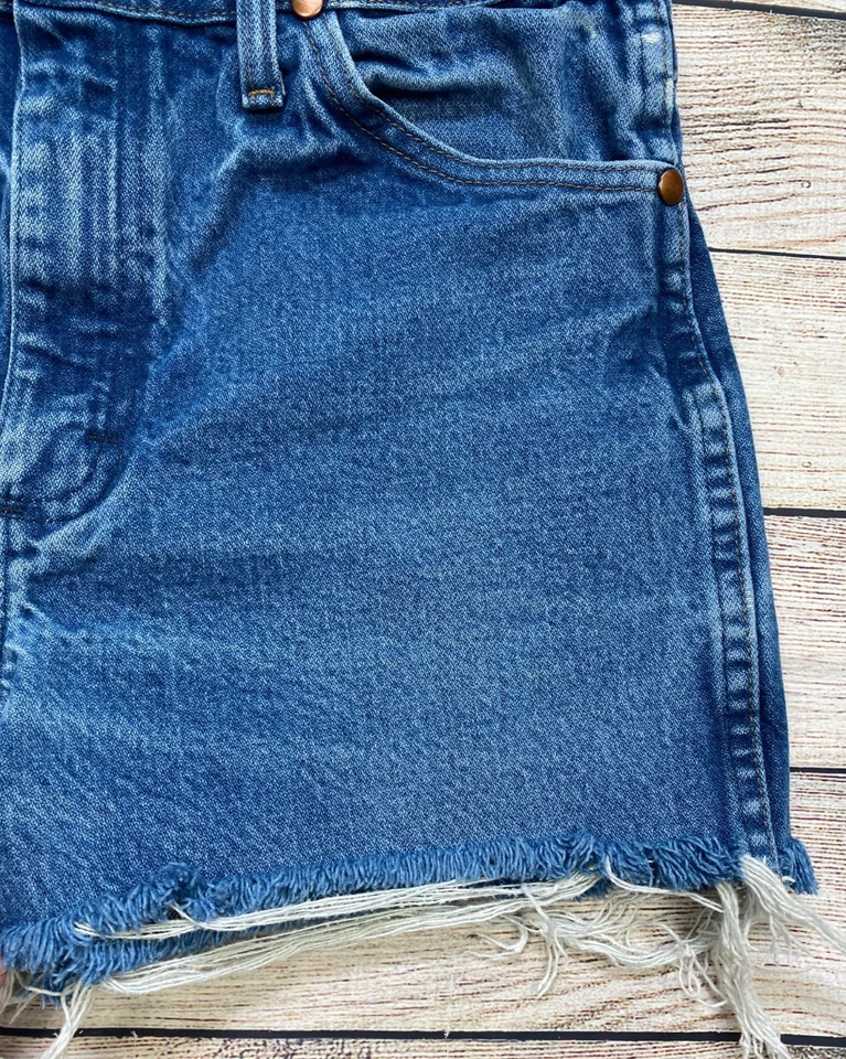 Pantalones Cortos de Jean Wrangler Denim Talla 31 Cortados Flecos Para Hombre Mujer Tiro Alto Rodeo Foto 4 de 4