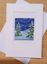 Winter Snowy Trees. Finished X-stitch. White card, blank insert & envelope.