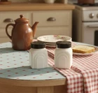 Vintage McKee White Milk Glass Salt and Pepper Shakers Black Lids Art Deco